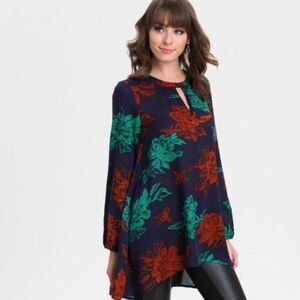 World Market Navy Floral Tunic Boho Peasant SZ L/XL